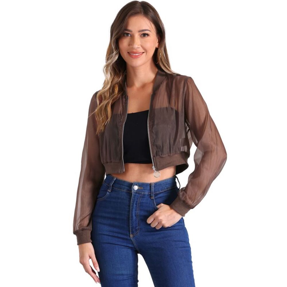 Bomber Jacket Long Sleeve Crop Mesh Sheer Jackets Brown